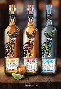Don Cosmé Tequila bottles lined up in front of a tequila shot