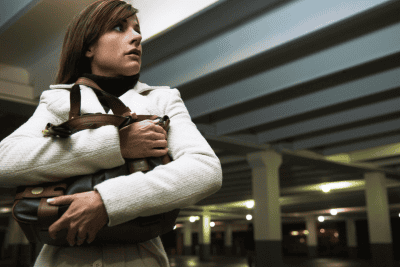Woman clutching her purse in a dimly lit parking garage